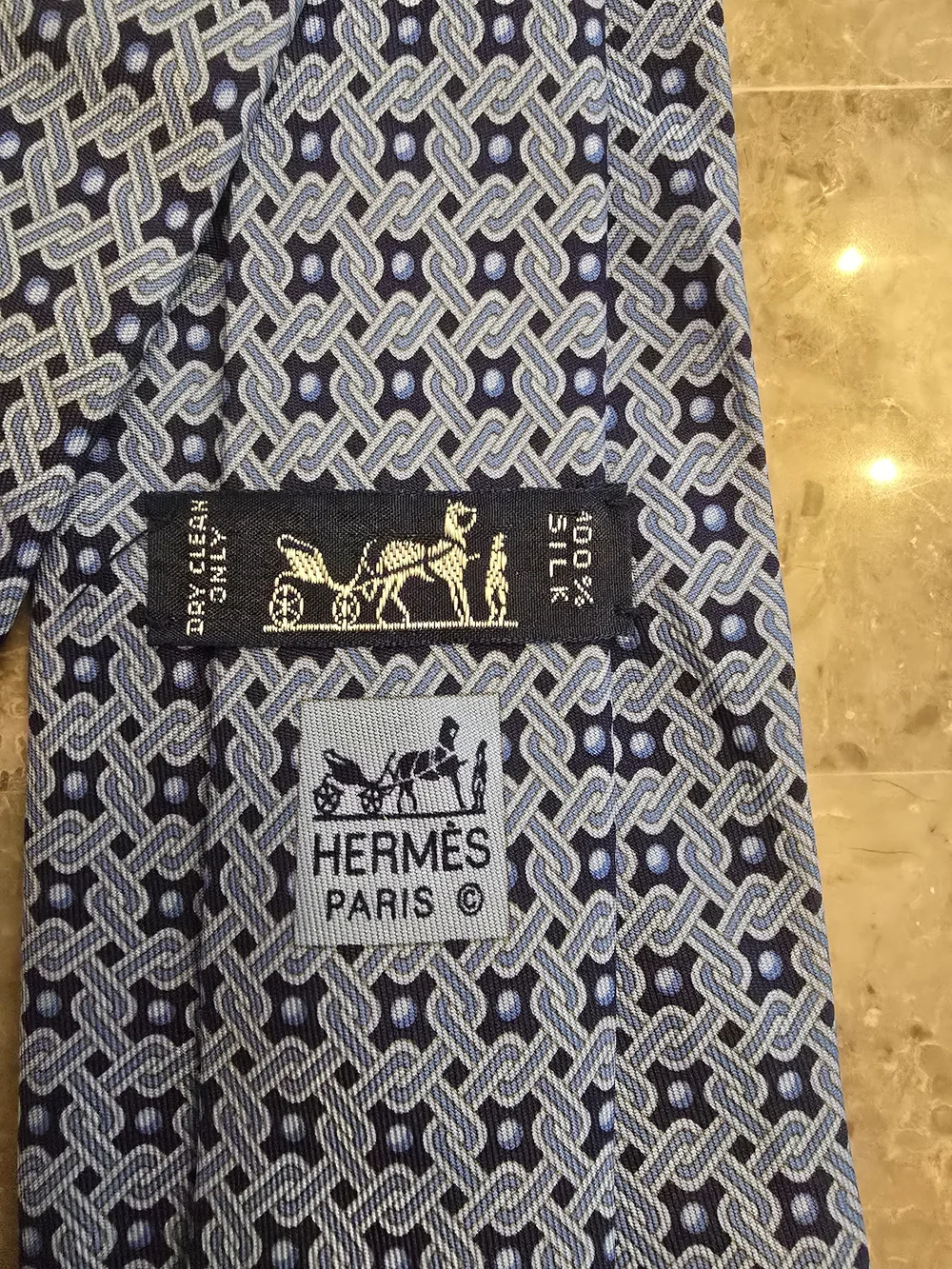 Hermes Blue Patterned Silk Tie